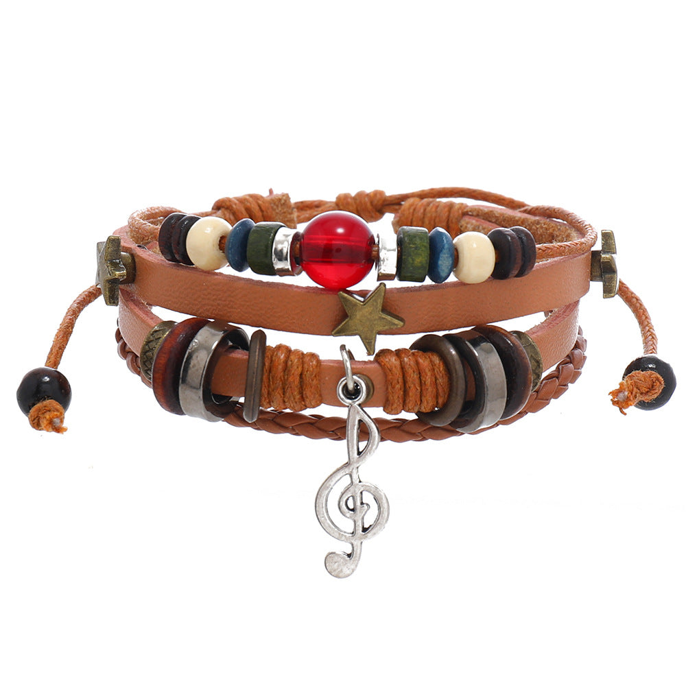 SISSLIA Trendy Handmade Weave Brown Leather Bracelet Metal Star Note Charms Wood Beads Bangle For Unisex Adjustable Bracelet