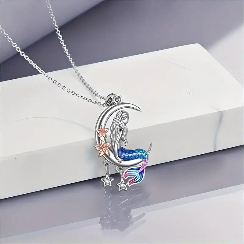 SISSLIA Mermaid Necklace Ocean Mermaid Crescent and Star Necklace with Flower Pendant Birthday Gift Jewelry for Girls