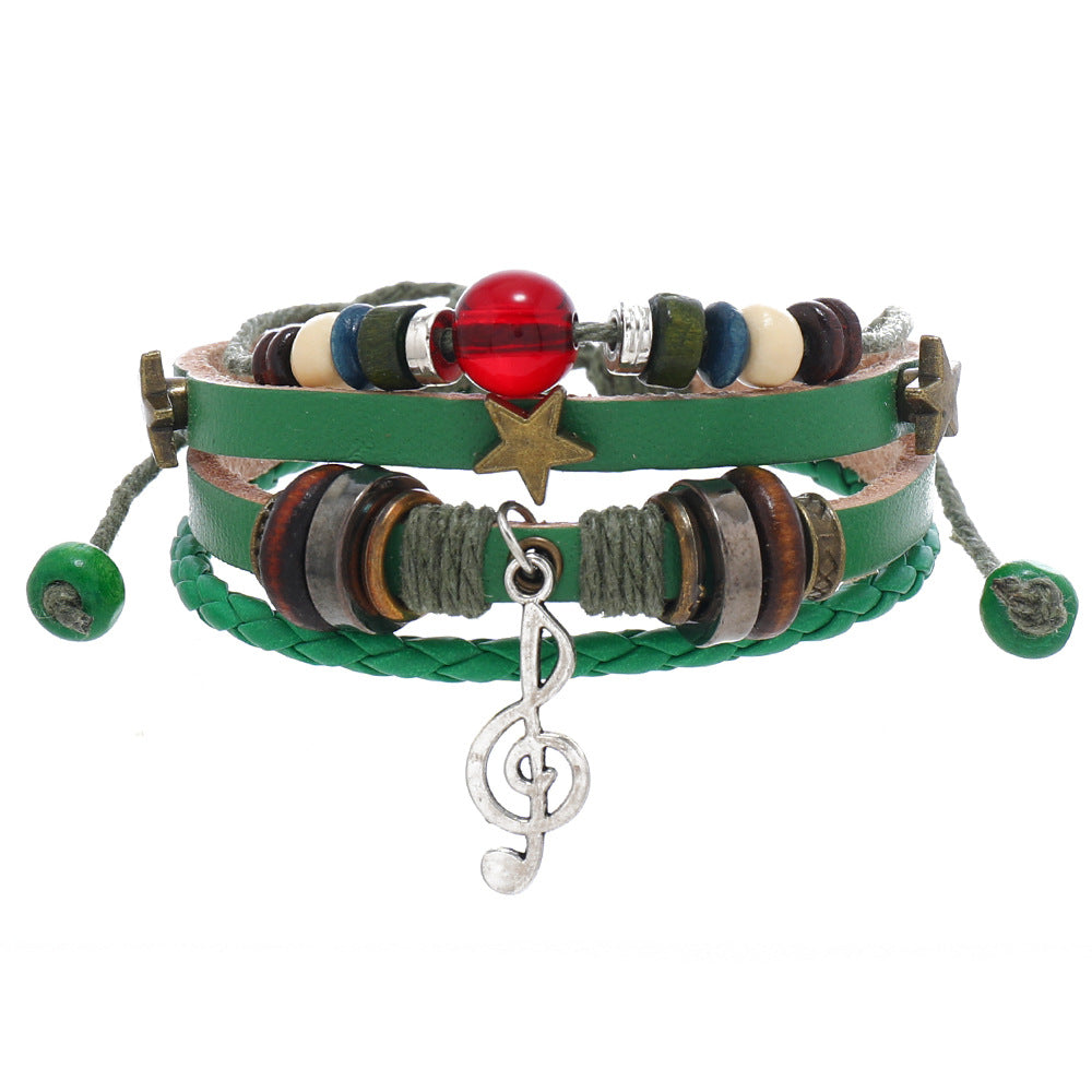 SISSLIA Trendy Handmade Weave Brown Leather Bracelet Metal Star Note Charms Wood Beads Bangle For Unisex Adjustable Bracelet