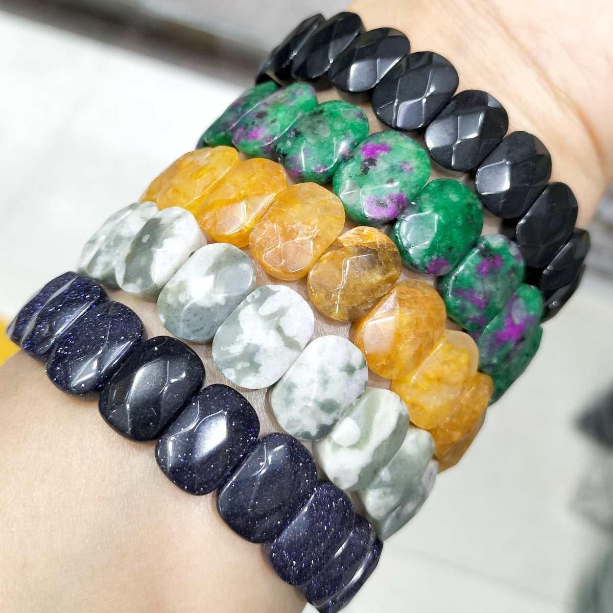 SISSLIA Natural Stone Square Beads Strand Bracelet Healing Crystals Amethyst Faceted Bead Bangles for Women Men Reiki Gems Jewelry