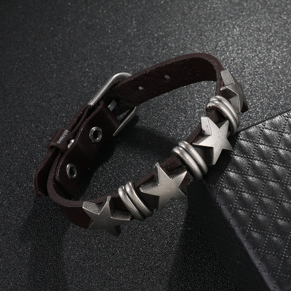 SISSLIA Punk Skull Star Bracelet Personality PU Leather Three Rows Spikes Square Stud Bracelets Bangle For Women Man