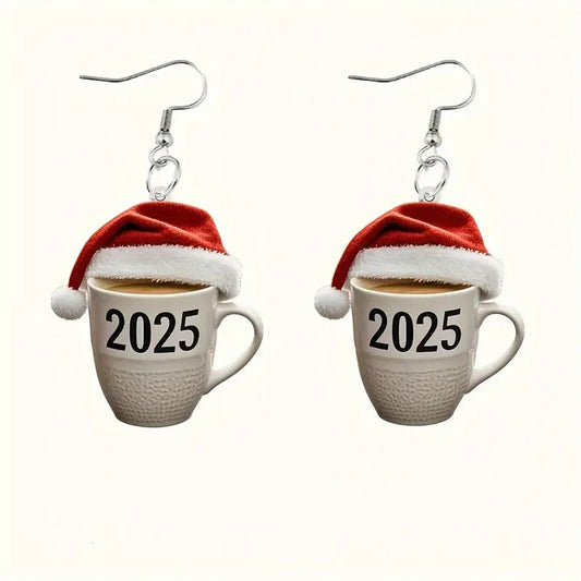 SISSLIA New Fashion Red Christmas Hat Number 2025 Mug Coffee Cup Dangle Acrylic Earrings for Women Girls Festival Party Jewelry