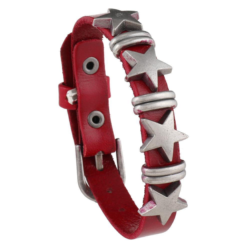 SISSLIA Punk Skull Star Bracelet Personality PU Leather Three Rows Spikes Square Stud Bracelets Bangle For Women Man