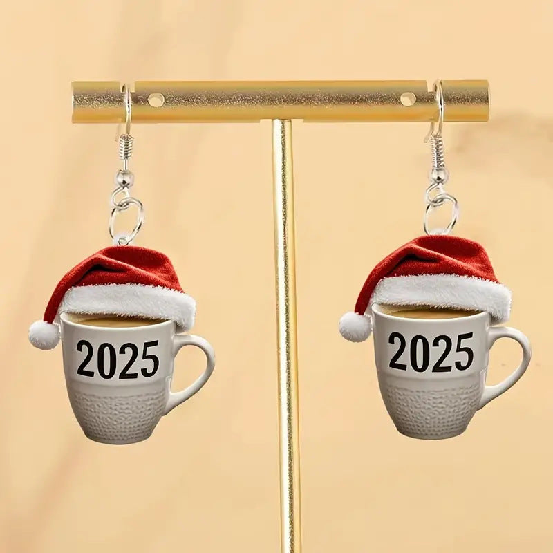 SISSLIA New Fashion Red Christmas Hat Number 2025 Mug Coffee Cup Dangle Acrylic Earrings for Women Girls Festival Party Jewelry