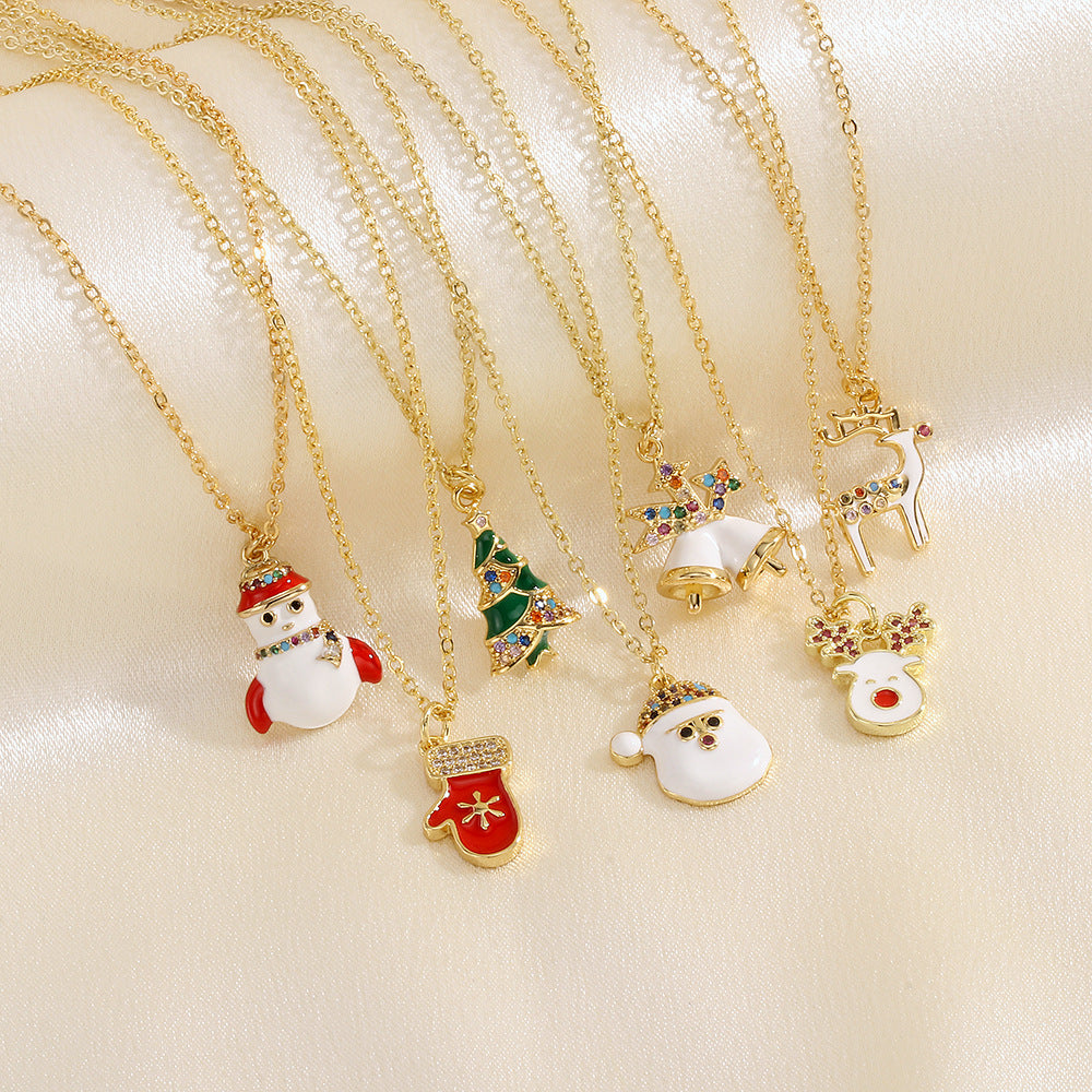 SISSLIA Christmas Santa Claus Tree Festival Element Necklace Simple New Micro-Inlaid Oil-Dripping Pendant Jewelry Necklace