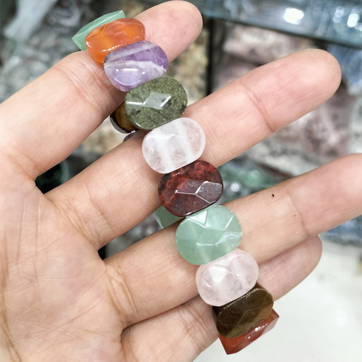 SISSLIA Natural Stone Square Beads Strand Bracelet Healing Crystals Amethyst Faceted Bead Bangles for Women Men Reiki Gems Jewelry