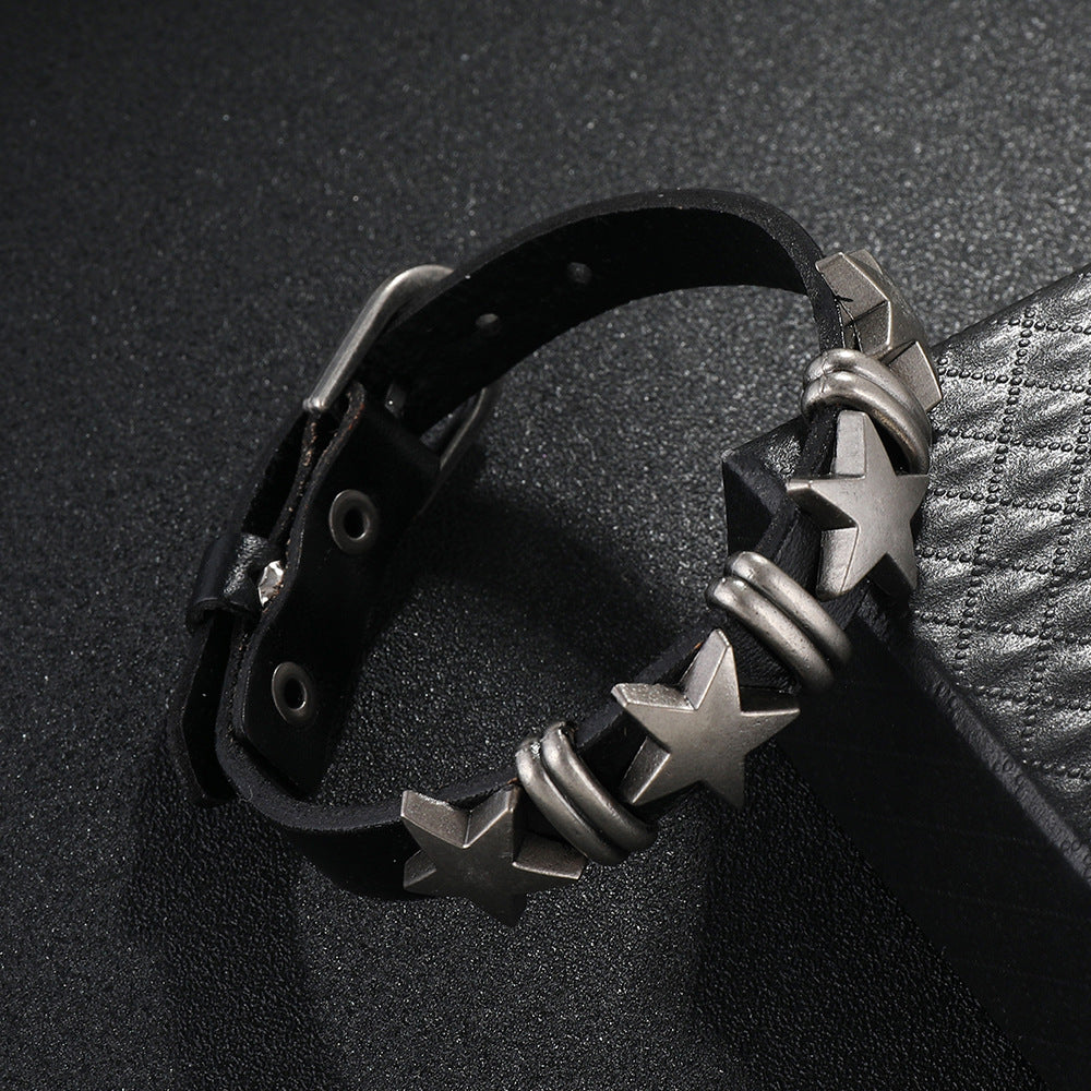 SISSLIA Punk Skull Star Bracelet Personality PU Leather Three Rows Spikes Square Stud Bracelets Bangle For Women Man