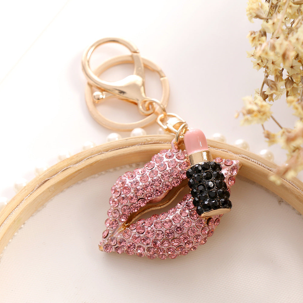 SISSLIA Rhinestone Lips Lipstick Keychain Cute Metal Key Chain Ring Bag Backpack Charm Car Key Pendant Women Girls Gift