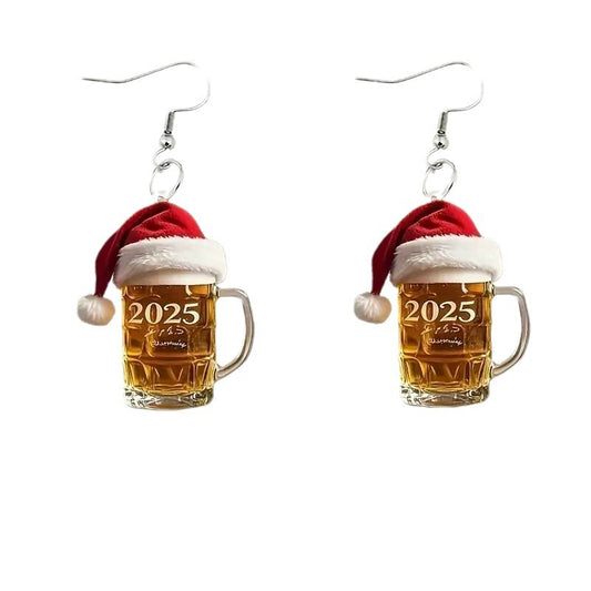 SISSLIA New Fashion Red Christmas Hat Number 2025 Mug Coffee Cup Dangle Acrylic Earrings for Women Girls Festival Party Jewelry