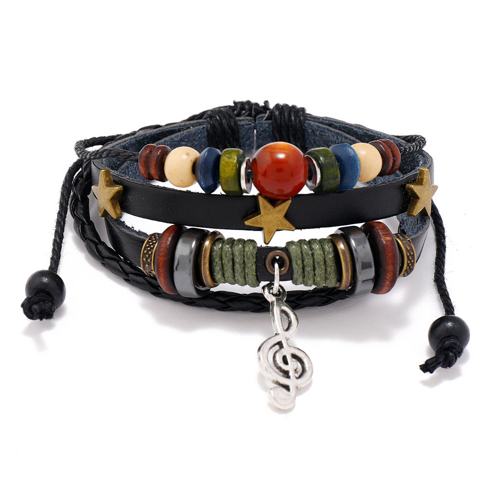 SISSLIA Trendy Handmade Weave Brown Leather Bracelet Metal Star Note Charms Wood Beads Bangle For Unisex Adjustable Bracelet