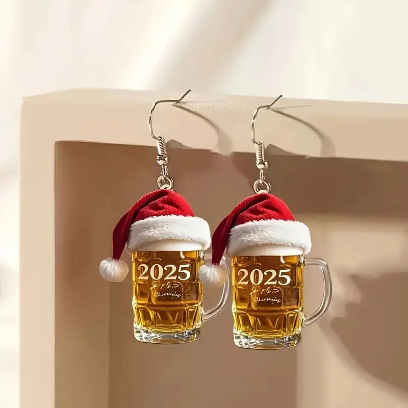 SISSLIA New Fashion Red Christmas Hat Number 2025 Mug Coffee Cup Dangle Acrylic Earrings for Women Girls Festival Party Jewelry