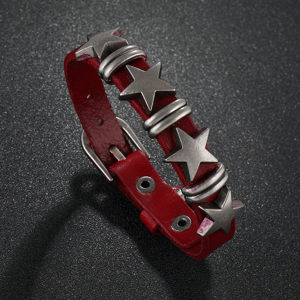 SISSLIA Punk Skull Star Bracelet Personality PU Leather Three Rows Spikes Square Stud Bracelets Bangle For Women Man