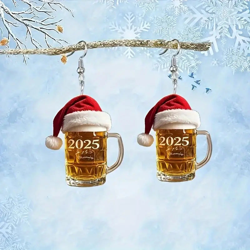 SISSLIA New Fashion Red Christmas Hat Number 2025 Mug Coffee Cup Dangle Acrylic Earrings for Women Girls Festival Party Jewelry