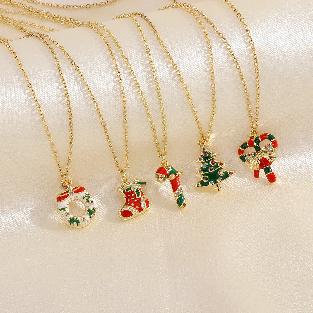 SISSLIA Christmas Santa Claus Tree Festival Element Necklace Simple New Micro-Inlaid Oil-Dripping Pendant Jewelry Necklace