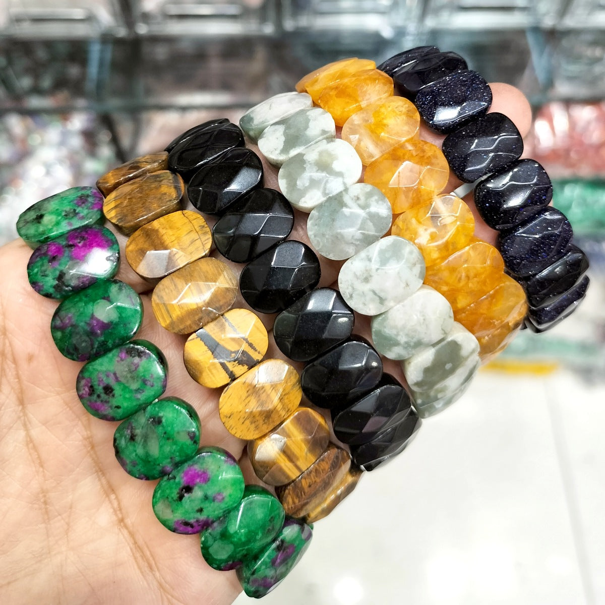 SISSLIA Natural Stone Square Beads Strand Bracelet Healing Crystals Amethyst Faceted Bead Bangles for Women Men Reiki Gems Jewelry