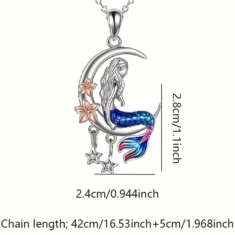 SISSLIA Mermaid Necklace Ocean Mermaid Crescent and Star Necklace with Flower Pendant Birthday Gift Jewelry for Girls