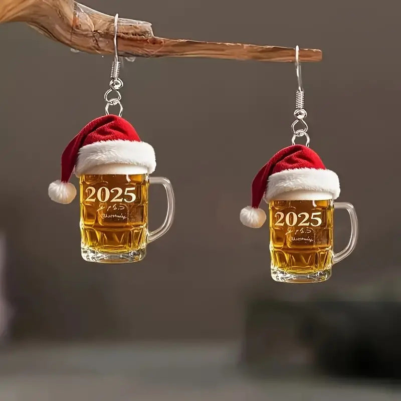 SISSLIA New Fashion Red Christmas Hat Number 2025 Mug Coffee Cup Dangle Acrylic Earrings for Women Girls Festival Party Jewelry