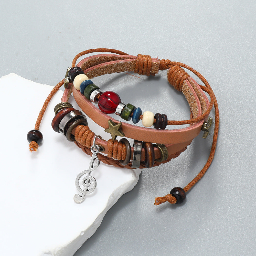 SISSLIA Trendy Handmade Weave Brown Leather Bracelet Metal Star Note Charms Wood Beads Bangle For Unisex Adjustable Bracelet
