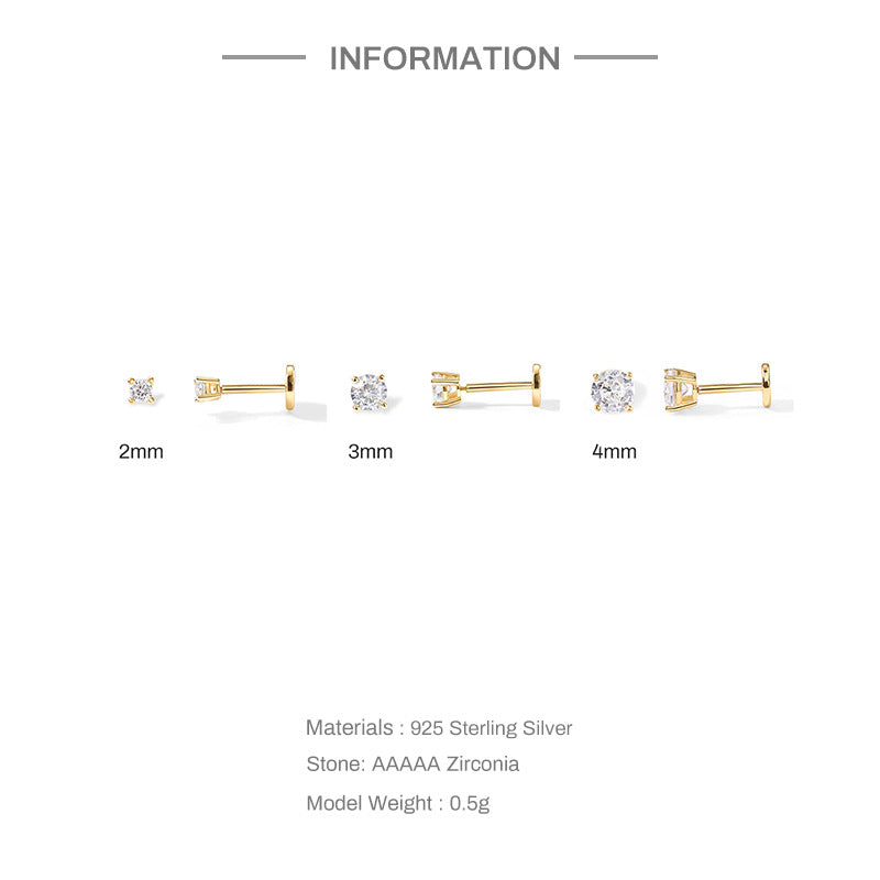 SISSLIA 14K Gold Plated Solid 925 Sterling Silver Post Cubic Zirconia Stud Flat Back Earrings For Women Cartilage Earring