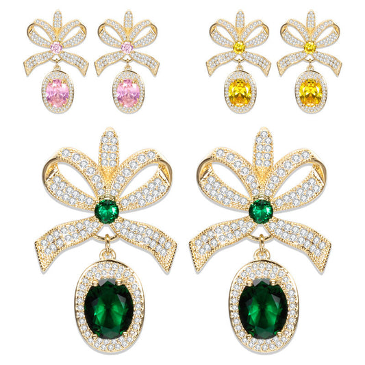 SISSLIA Fashion Design 925 Silver Needle Luxury 18K Gold Plated Elegant Bowknot Drop Earrings AAAAA Zircon Earrings Jewelry