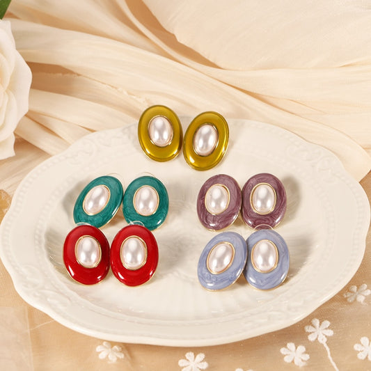 S925 Oval Pearl Colorful Earrings