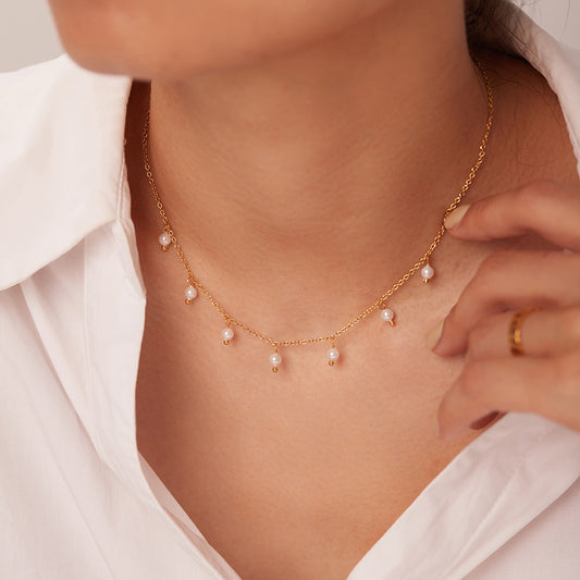 SISSLIA Pearl Millet Bead Fringe Collar 18K Gold Stainless Steel Ladies Temperament Clavicle Chain for Women