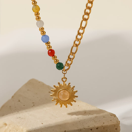 SISSLIA New Titanium Steel Pendant 18K Gold Natural Stone Cat's Eye Sun Pendant Colored Stone Necklace for Women