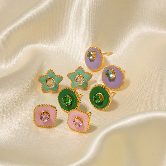 SISSLIA Personality New Fashion Titanium Steel 18k Gold Green Five-Pointed Star White Zircon Earrings for Women
