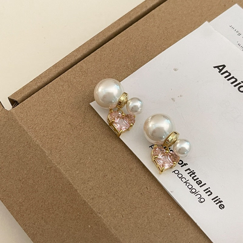 SIsslia 925 Silver Needle Light Luxury Heavy Industry Pearl Pink Zircon Love French Style Retro Earrings for Women