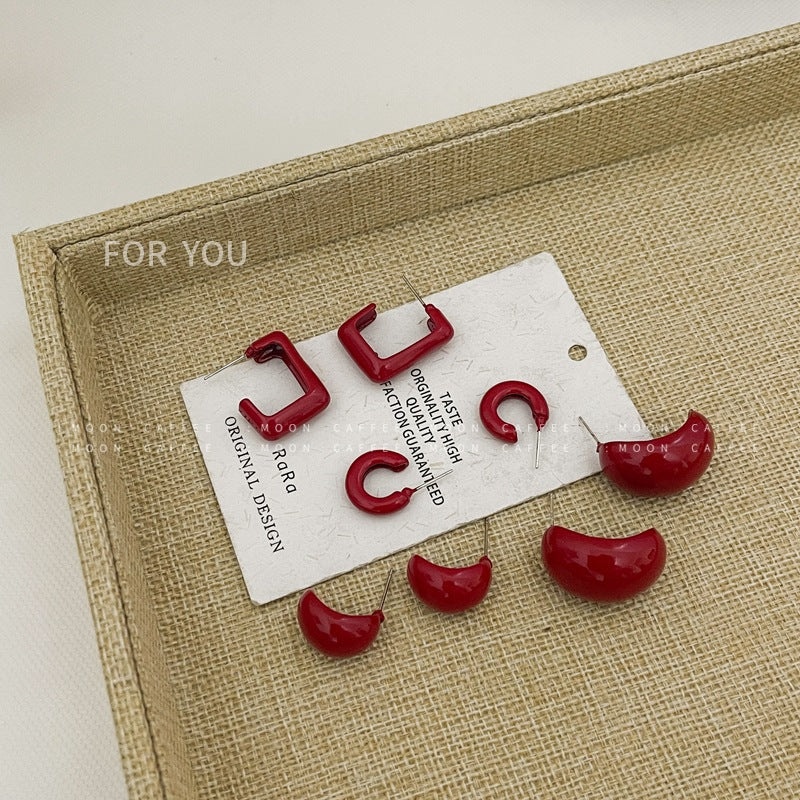 SIsslia 925 Silver Needle Retro Red Geometric Baking Paint Girl New Year's All-Match Sweet Cool Wind Earrings for Women