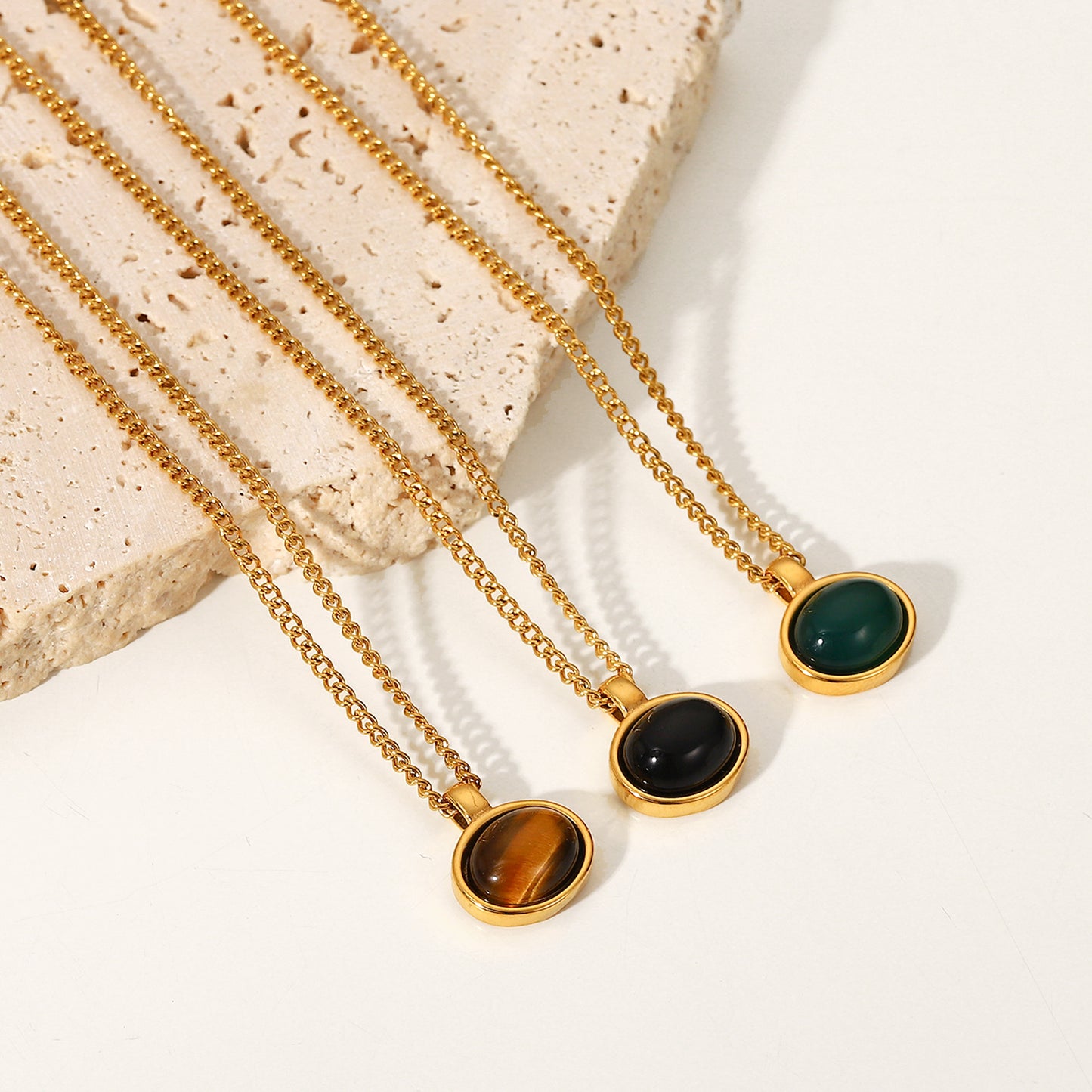 SISSLIA Stylish Vintage Oval Natural Stone 18K Gold Plated Stainless Steel Chain Collar for Women