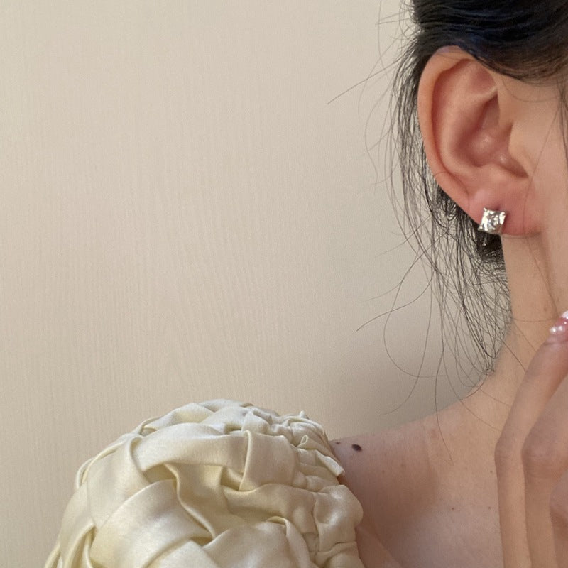 SIsslia 925 Silver Needle Geometric Water Wave Texture Sense Square Cold Wind Earrings for Women