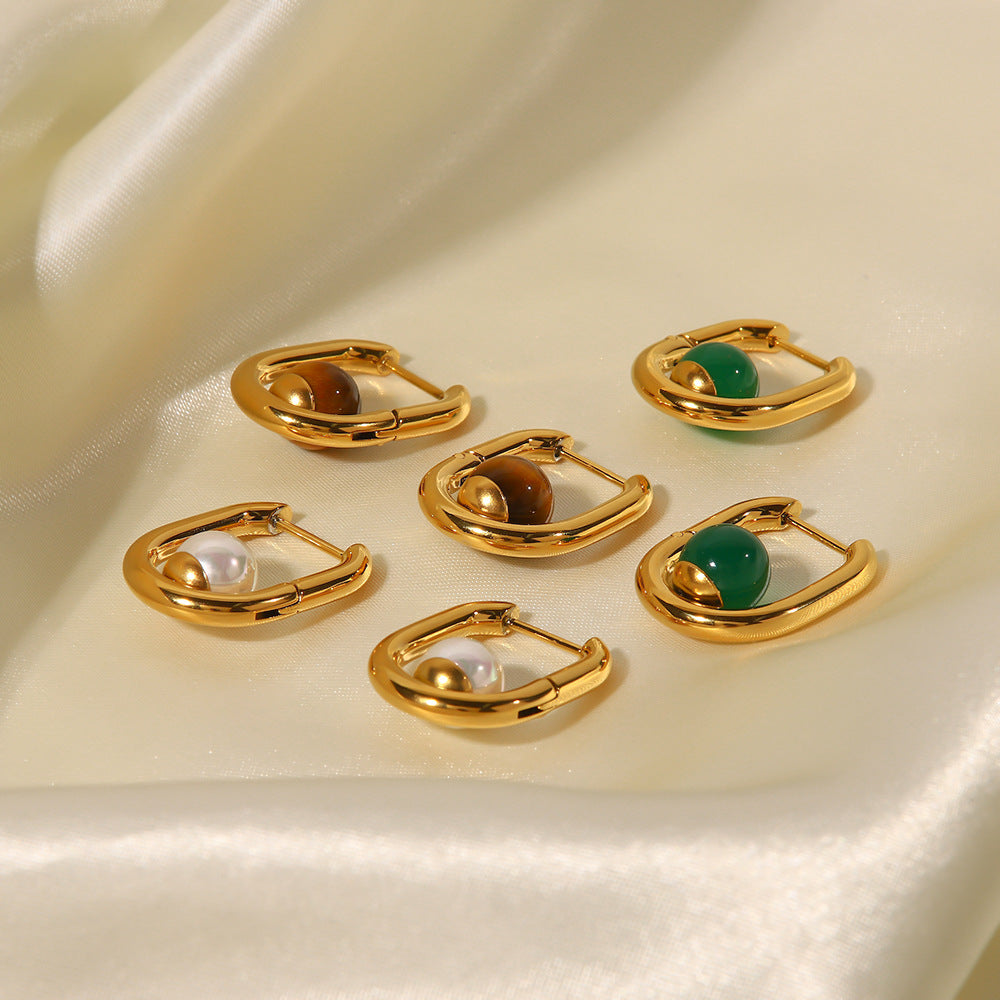 SISSLIA Retro Geometric Simple Design Sense Inlaid with Natural Green Agate Temperament All-matching Earrings