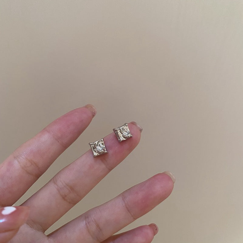 SIsslia 925 Silver Needle Geometric Water Wave Texture Sense Square Cold Wind Earrings for Women