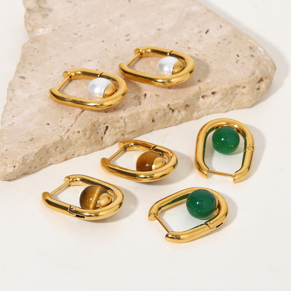 SISSLIA Retro Geometric Simple Design Sense Inlaid with Natural Green Agate Temperament All-matching Earrings