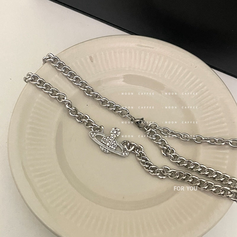 SISSLIA Silver Saturn Shape Inlaid Small Diamond Gold Plated Thick Chain Stack Necklace for Women