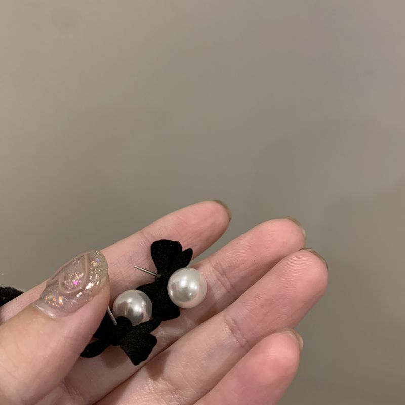 SIsslia 925 Silver Needle Black Flocking Bow Pearl High Quality Women's Earrings for Women