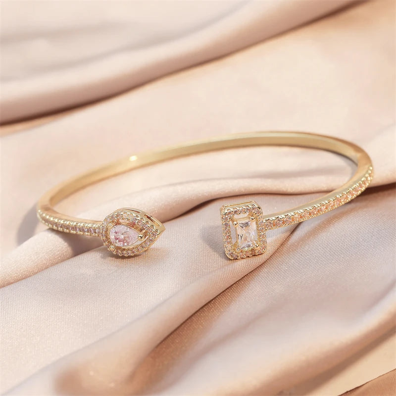 SISSLIA Luxury Geometry Gold Color Cuff Bangles For Women Fashion Cubic Zirconia Bracelets INS Party Everyday Jewlery gift