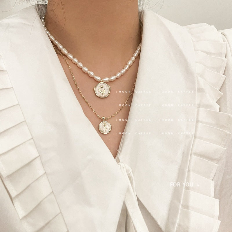 SISSLIA Elegant Pearl White Enamel Vintage Rose Gold Coin Freshwater Necklace for Women