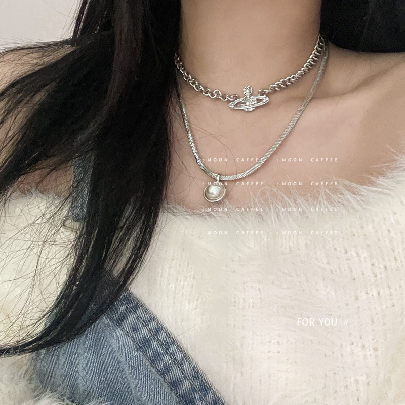 SISSLIA Silver Saturn Shape Inlaid Small Diamond Gold Plated Thick Chain Stack Necklace for Women