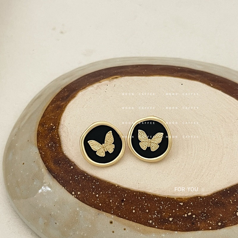 SIsslia 925 Silver Needle French Enamel Round Paint Butterfly Vintage Mori Fun Earrings for Women