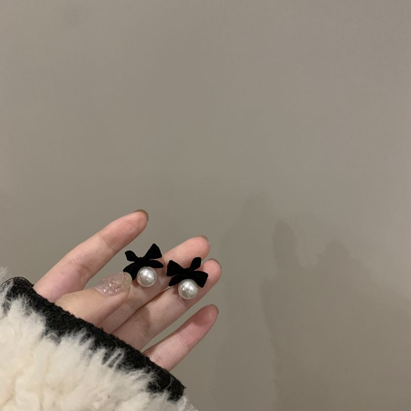 SIsslia 925 Silver Needle Black Flocking Bow Pearl High Quality Women's Earrings for Women