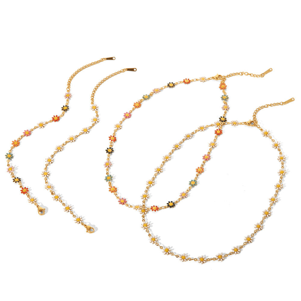 SISSLIA 2024 Cross-Border New Titanium Steel 18K Gold White/Color Small Daisy Chain Necklace for Women