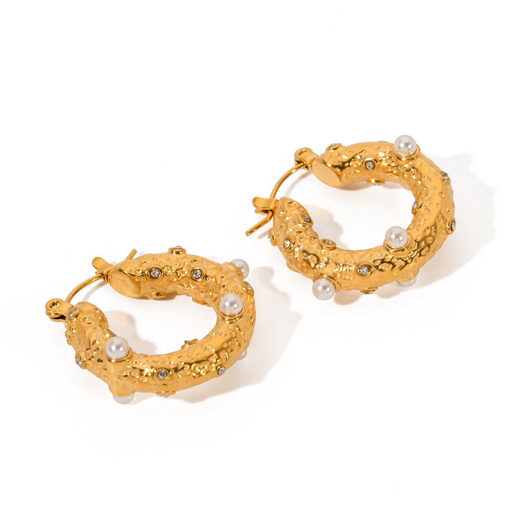 SISSLIA Stylish Personality Hoop 18k Gold Stainless Steel Pearl Hammer Cubic Zirconia Earrings Drop for Women