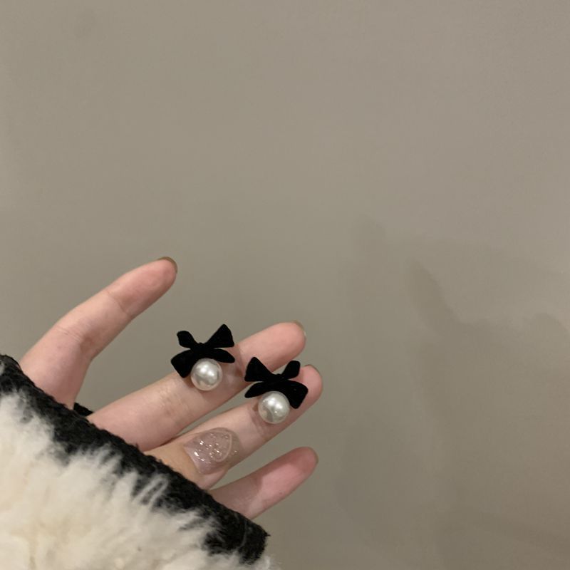 SIsslia 925 Silver Needle Black Flocking Bow Pearl High Quality Women's Earrings for Women