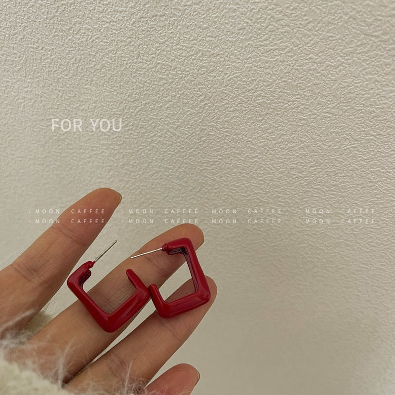 SIsslia 925 Silver Needle Retro Red Geometric Baking Paint Girl New Year's All-Match Sweet Cool Wind Earrings for Women