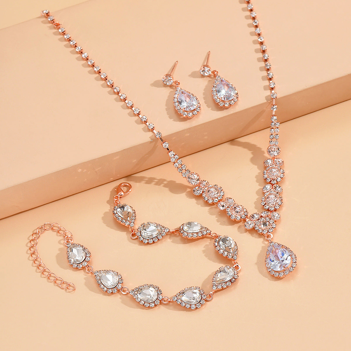 SISSLIA Trendy Rhinestone Water Drop Pendant Necklace Earrings Needle Jewelry Sets 925 Sterling Silver Set For Women