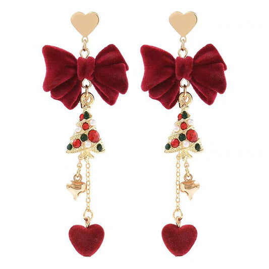 SIsslia Diamond-Encrusted Christmas Tree Red Flocking Sweet Long with Christmas Earrings