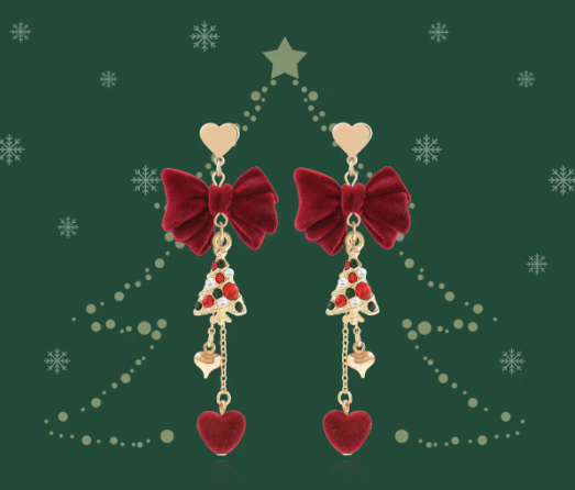 SIsslia Diamond-Encrusted Christmas Tree Red Flocking Sweet Long with Christmas Earrings