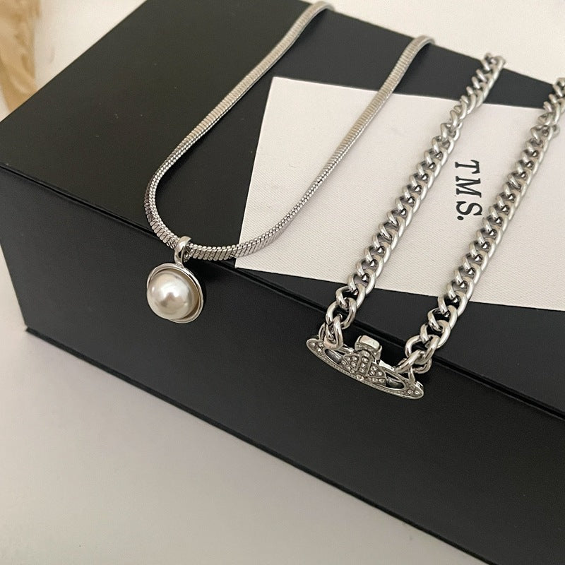 SISSLIA Silver Saturn Shape Inlaid Small Diamond Gold Plated Thick Chain Stack Necklace for Women